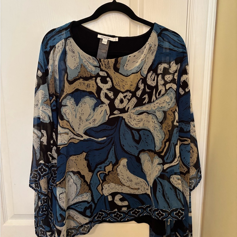 Chico's Blue and Tan Floral Poncho Style Blouse, Like New